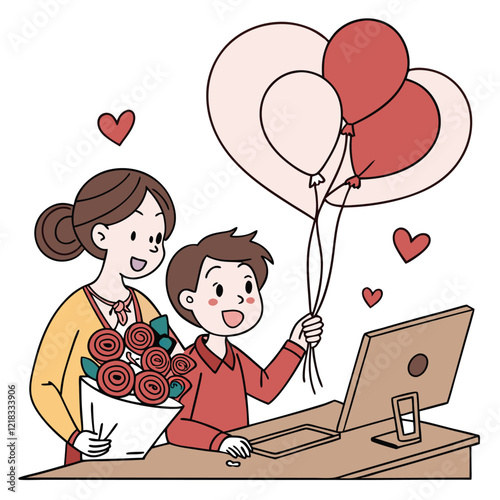 Valentine day girl and boy working