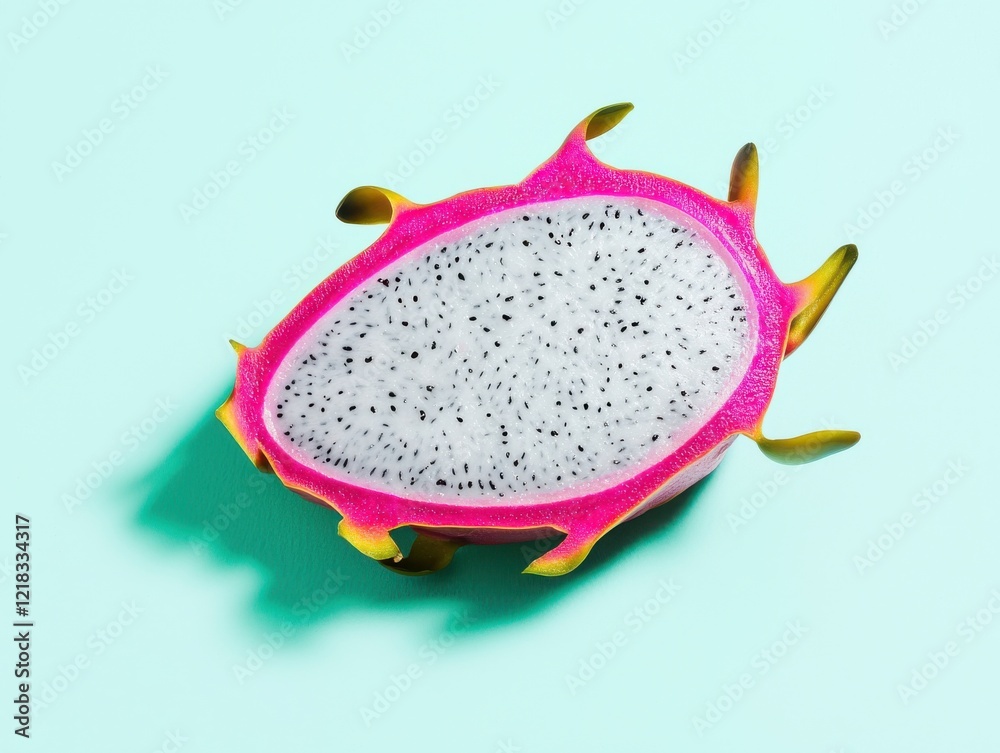 Closeup of vibrant dragon fruit slice with pink edges on mint background exotic fruit fresh concept Closeup of vibrant dragon fruit slice with pink edges on mint background exotic fruit fresh concept