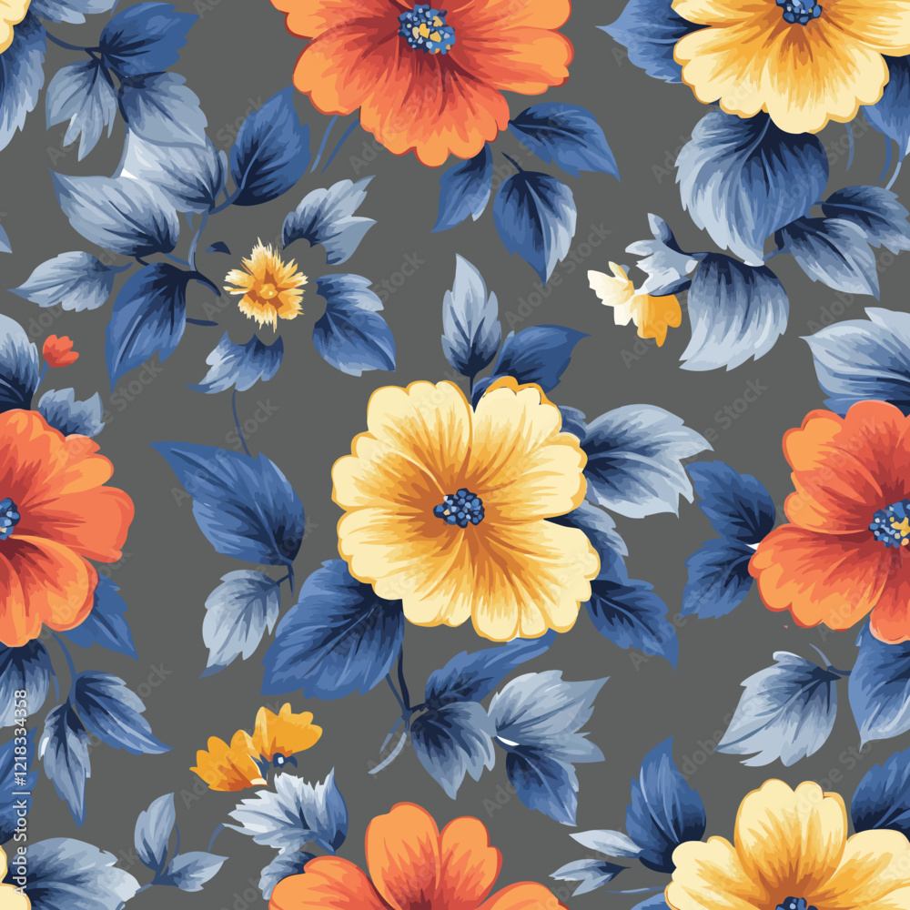 Obraz premium Colorful Tropical Flower Pattern on Gray Background
