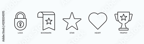 Achievements And Favorites Icon Set Isolated Vector With Icon Of Lock, Bookmark, Star, Heart, Trophy In Outline Style