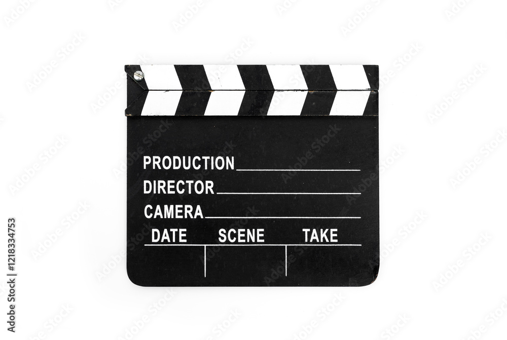 Obraz premium Old slate Clapper Board isolated on white background. Basic equipment from amateur to industrial level for Media Production Film, commercials, documentaries.