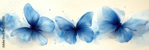 Three translucent blue butterflies flutter amidst a soft watercolor wash.