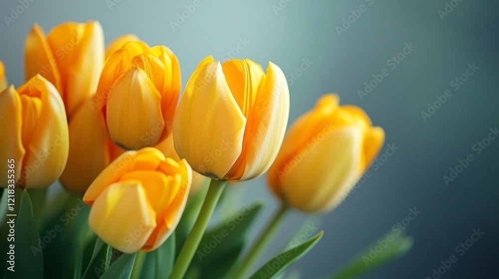 Bouquet of yellow tulips blooming in spring against a blue background Bouquet of yellow tulips blooming in spring against a blue background