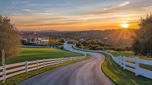 Wallpaper Mural a country road with a white fence and a sunset Torontodigital.ca