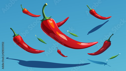 Stylized Cartoon Illustration of Red Chili Peppers The image is a stylized, cartoon-like illustration of several red chili peppers scattered on a light blue background. The chili peppers vary in size 