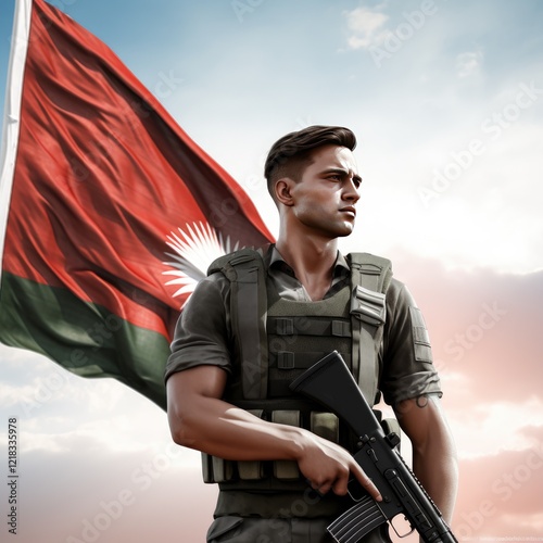 Soldier with assault rifle and flag of Lebanon on the sky background photo