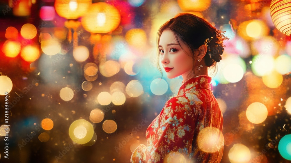 A serene scene with a young woman in a traditional Lunar New Year dress, standing in a festive street, with colorful lanterns and dynamic glowing effects A serene scene with a young woman in a traditional Lunar New Year dress, standing in a festive street, with colorful lanterns and dynamic glowing effects