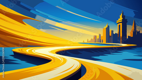 Stylized Cartoon Sunrise City with Winding Road The image is a stylized, cartoon-like illustration of a city skyline at sunrise or sunset. A winding, multi-lane road or pathway in shades of yellow and
