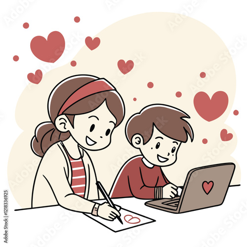 Valentine day girl and boy working