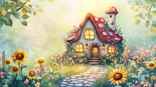 Fairytale plasticine mushroom house in a magical forest, A magical village features an enchanted cottage adorned with bountiful flowers, abstract background with colorful flowers and house.