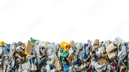 A collection of assorted waste materials, including paper and plastic, displayed against a white isolated background, highlighting recycling challenges.