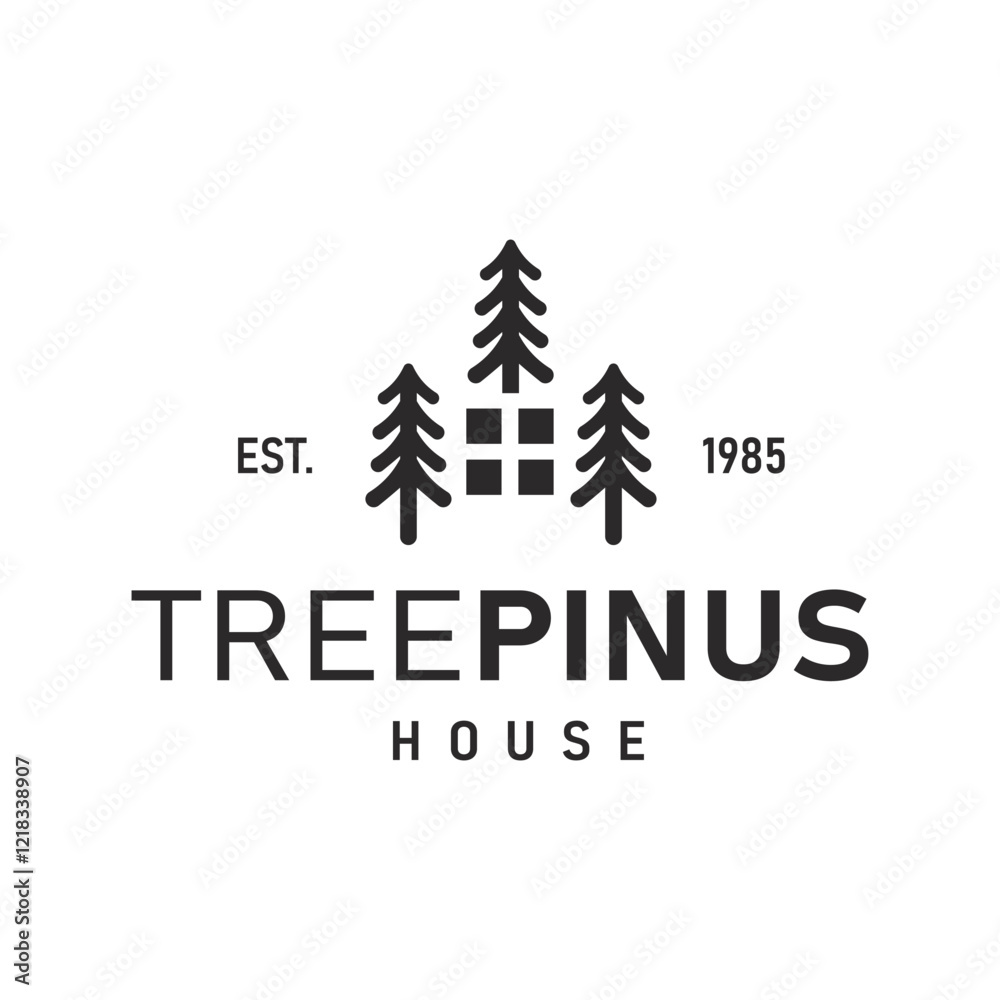 Silhouette of Three Pine Trees Similar to Spruce. Wood Forest Logo Design Label with Window Icon Symbol Illustration Silhouette of Three Pine Trees Similar to Spruce. Wood Forest Logo Design Label with Window Icon Symbol Illustration