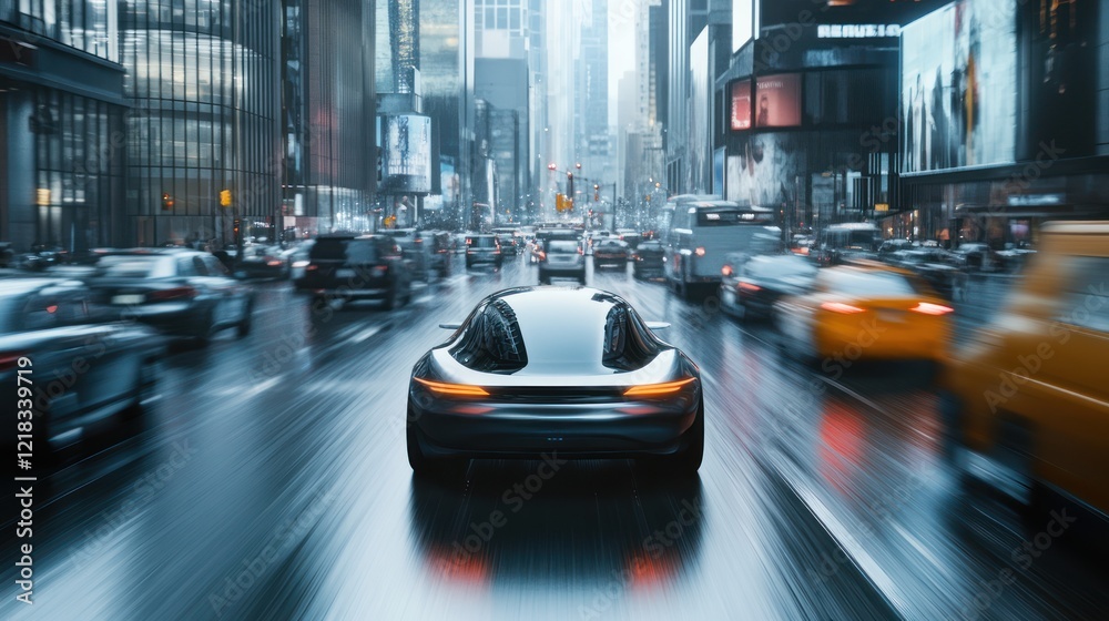 Obraz premium A concept of an autonomous hydrogen car navigating traffic using advanced lidar and AI systems, showcased in a bustling urban environment