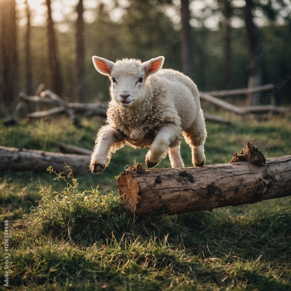 Obraz premium A playful lamb jumping over a small log.