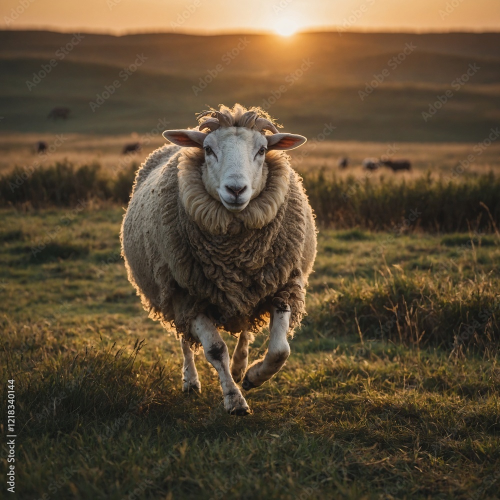 Obraz premium A sheep running through a field at sunset.