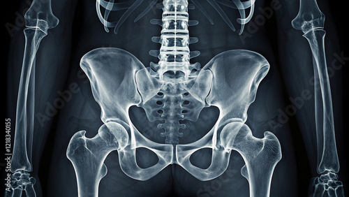 detailed X-ray image of the human skeletal system highlighting the spine and pelvis.