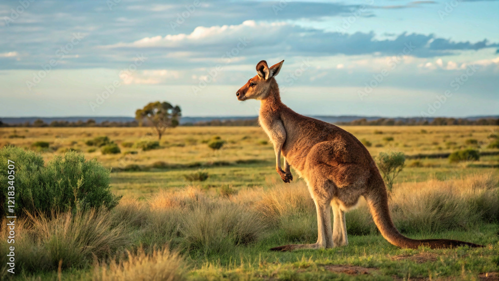 Fototapeta premium majestic kangaroo leaps through the golden Australian outback, showcasing its power and grace.