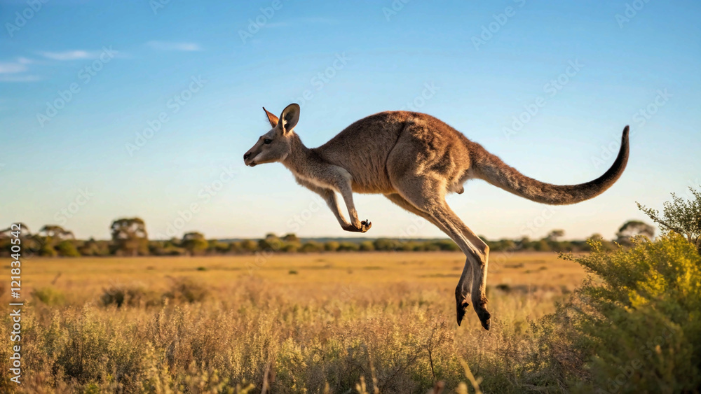 Fototapeta premium Captured mid-air, a red kangaroo bounces effortlessly across the sunlit grasslands of Australia.