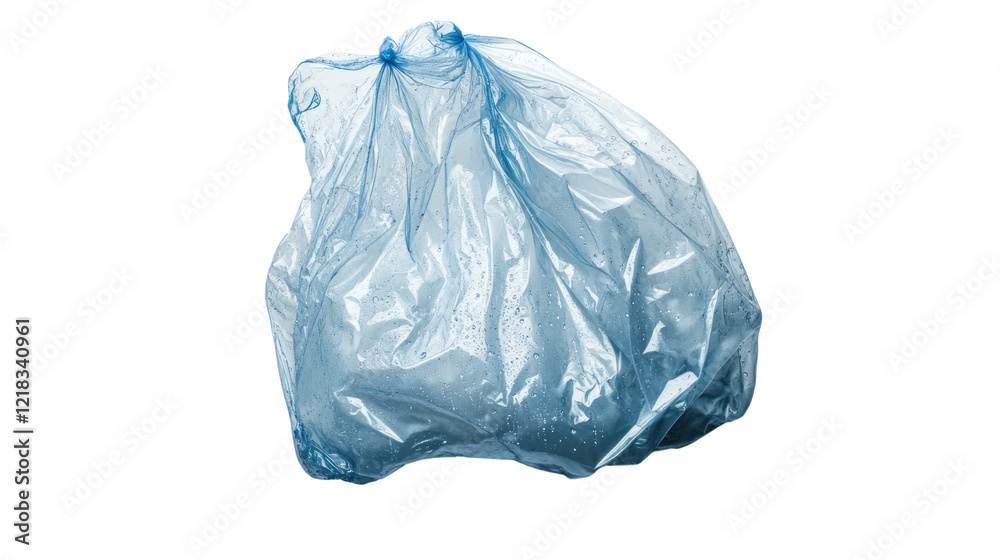 Fototapeta premium A crumpled blue plastic garbage bag, symbolizing waste and environmental impact, against a white isolate background.