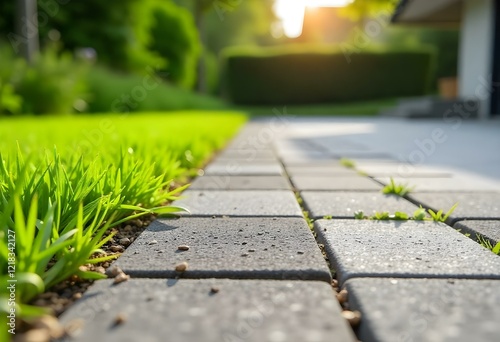 Eco-friendly concrete paving with gravel and lush grass for modern landscaping design