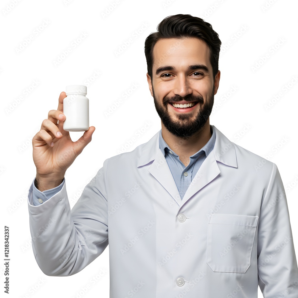 A smiling male pharmacist holding a pill bottle, isolated on white background A smiling male pharmacist holding a pill bottle, isolated on white background