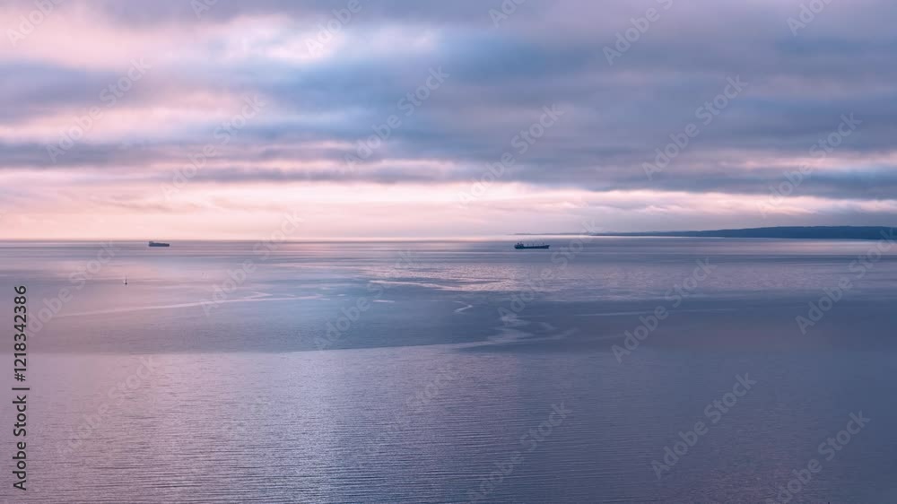 Golden hour pink sunrise and reflection on water with cargo ships on water Golden hour pink sunrise and reflection on water with cargo ships on water