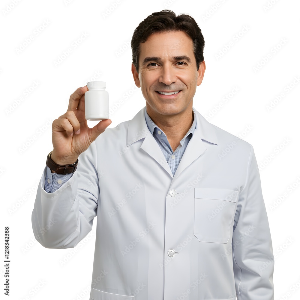 A smiling male pharmacist holding a pill bottle, isolated on white background A smiling male pharmacist holding a pill bottle, isolated on white background