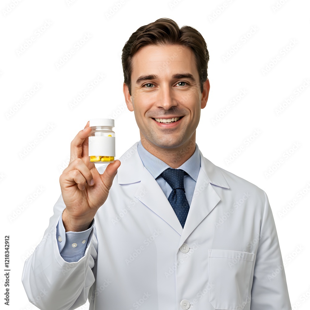 A smiling male pharmacist holding a pill bottle, isolated on white background A smiling male pharmacist holding a pill bottle, isolated on white background