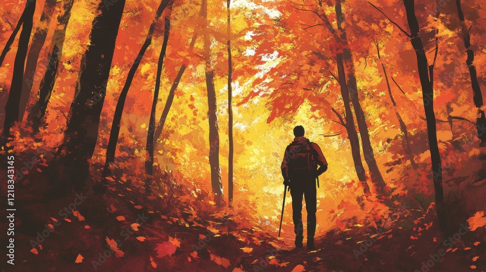Fototapeta premium Hiker with backpack walk in autumn forest. Landscape of woods or nature park with trees with orange foliage and girl tourist with stick on path, vector cartoon illustration