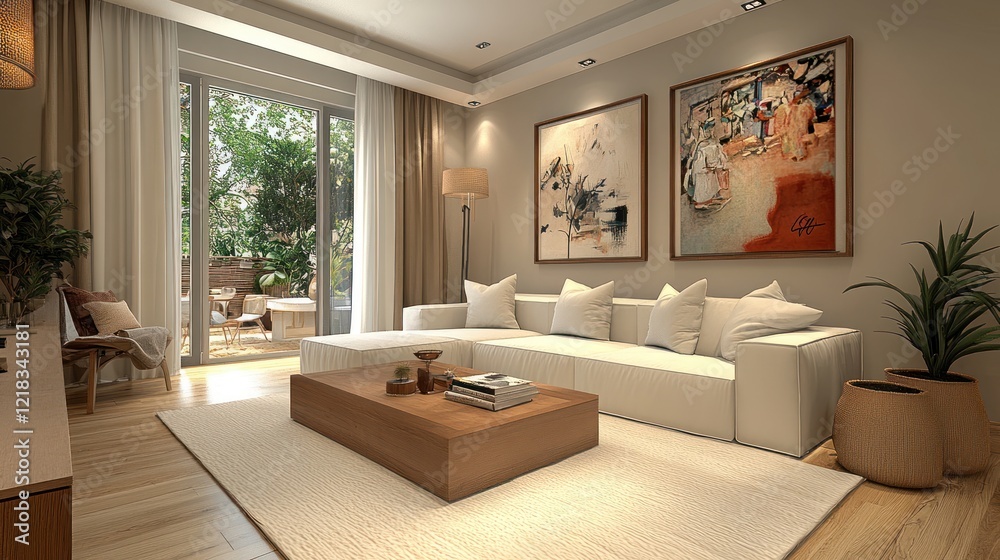 Fototapeta premium Stylish living room interior with modular white sofa, wooden furniture and personal decoration, AI generated image