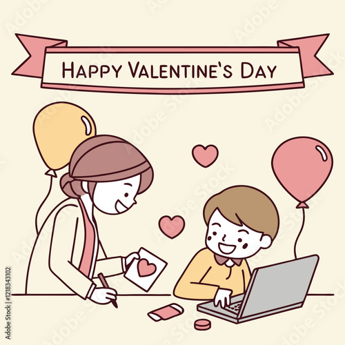 Valentine day girl and boy working