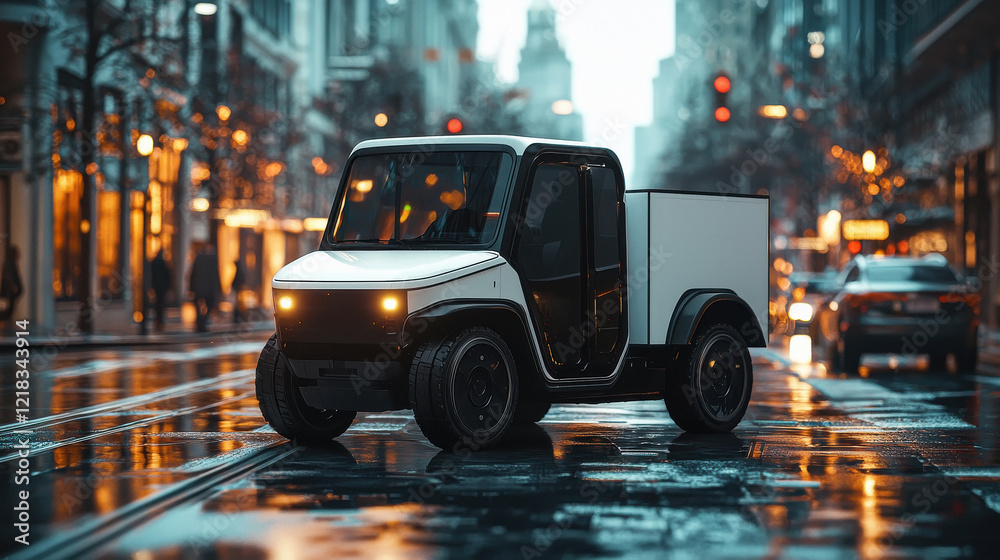 Empty blank white mockup on the small truck vehicle driving through the city street Empty blank white mockup on the small truck vehicle driving through the city street