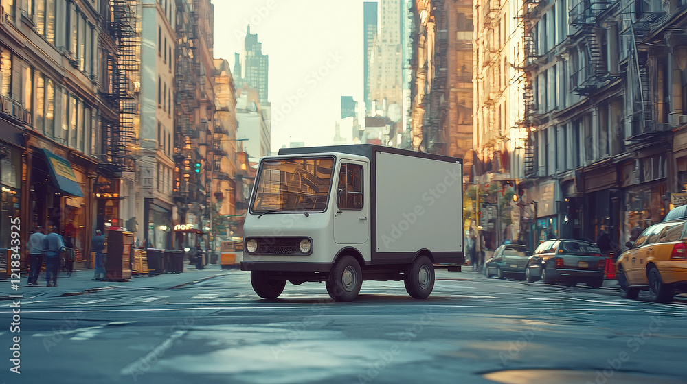 Obraz premium Empty blank white mockup on the small truck vehicle driving through the city street