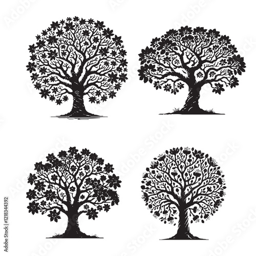 "High-Quality Vector Silhouette of the Black Indian Fig Tree Isolated on White Background"