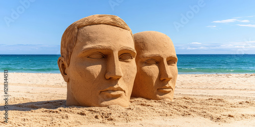 Two intricately carved sand sculptures resembling human heads sit on a beach, with the ocean and clear sky in the background. photo