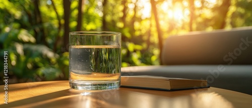 A glass of water sits on a wooden table, bathed in warm sunlight, surrounded by lush greenery, creating a serene and refreshing atmosphere.