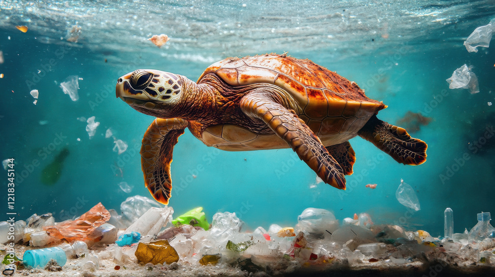 Obraz premium plastic pollution on marine life, with a distressed turtle swimming among debris
