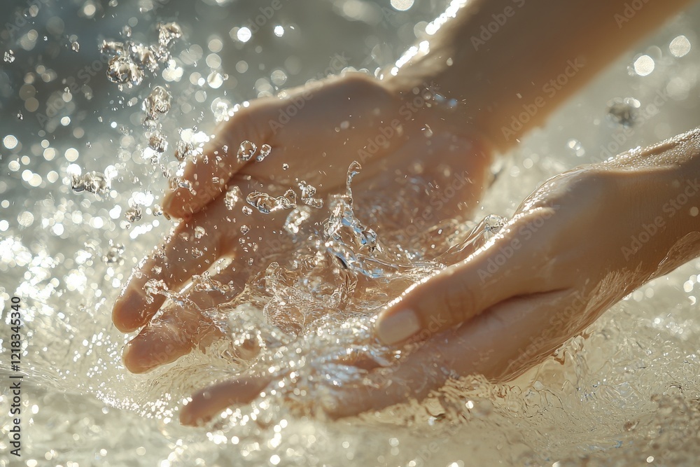 Fototapeta premium Gentle hands splashing water, capturing a moment of joy and tranquility in nature's embrace, surrounded by shimmering droplets.
