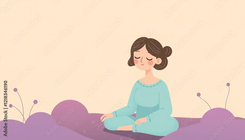 Peaceful Woman Meditating Serene Pose Illustration Soft Colors Calming Pastel Background Simple Design Cute Girl Yoga Relaxation Spiritual Wellbeing Peaceful Woman Meditating Serene Pose Illustration Soft Colors Calming Pastel Background Simple Design Cute Girl Yoga Relaxation Spiritual Wellbeing