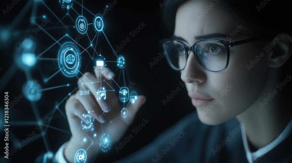 Woman in Glasses Analyzing Futuristic Data Visualization with Digital Interface Icons Representing Technology, Innovation, and Connectivity in a Dark Environment Woman in Glasses Analyzing Futuristic Data Visualization with Digital Interface Icons Representing Technology, Innovation, and Connectivity in a Dark Environment