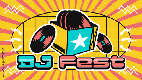 Retro music festival banner design template. Event poster 90s style for digital promotion and backdrop. Digital advertisement design. Music fest flyer, ads, layout, wallpaper. Colorful banner design