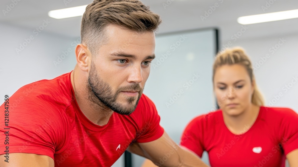 Obraz premium Focused Athletes Training Together in Modern Gym Environment