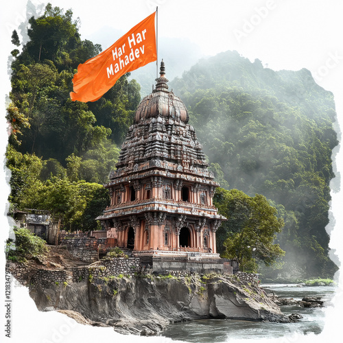 hindu temple and orange hindu flag on flag write 
