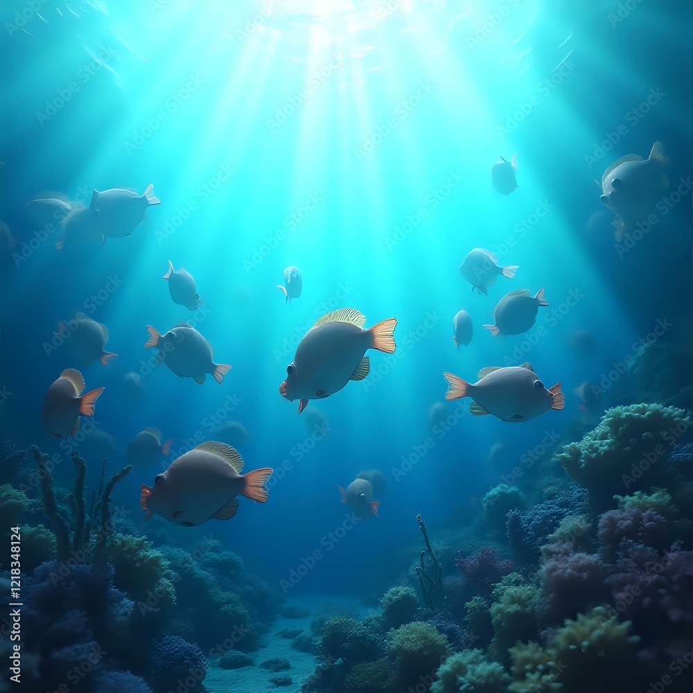 Naklejka premium The image depicts a vibrant underwater scene featuring a school of fish swimming amidst coral and clear water, with sunlight filtering through the water.