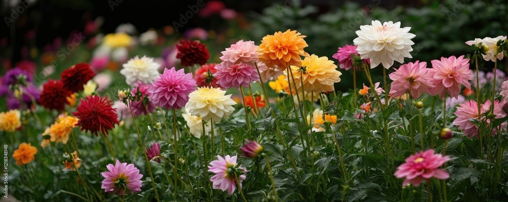 Colorful dahlia flowers bloom in a garden. Background blur. Nature beauty Colorful dahlia flowers bloom in a garden. Background blur. Nature beauty