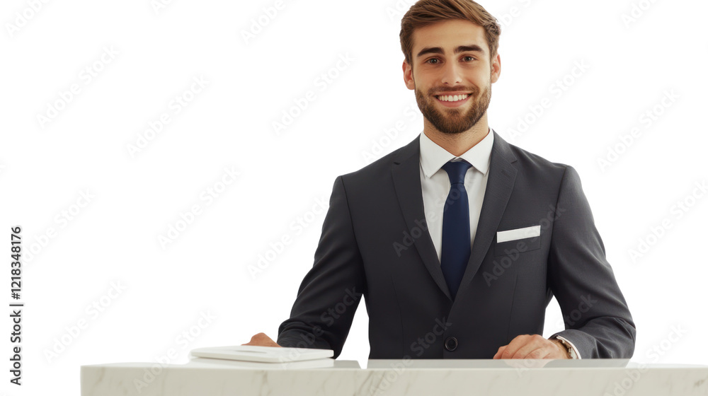 A smiling businessman in a suit standing at a marble reception desk, conveying professionalism and approachability.