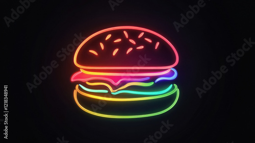 colorful neon hamburger, in a black background,bold outline