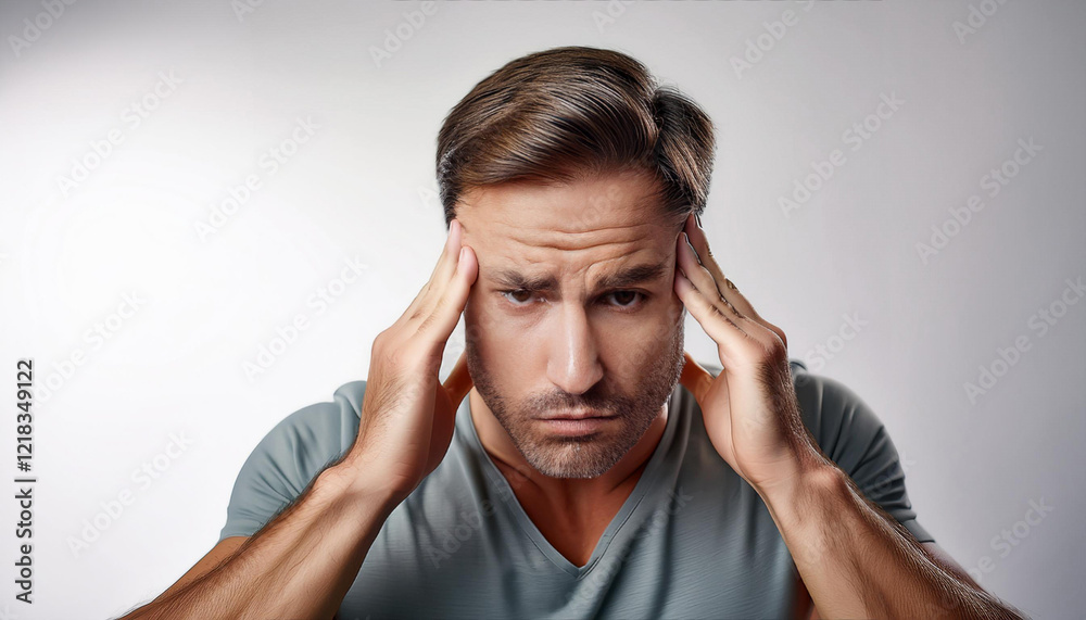 Man Holding Head in Pain with a Distressed Expression Man Holding Head in Pain with a Distressed Expression