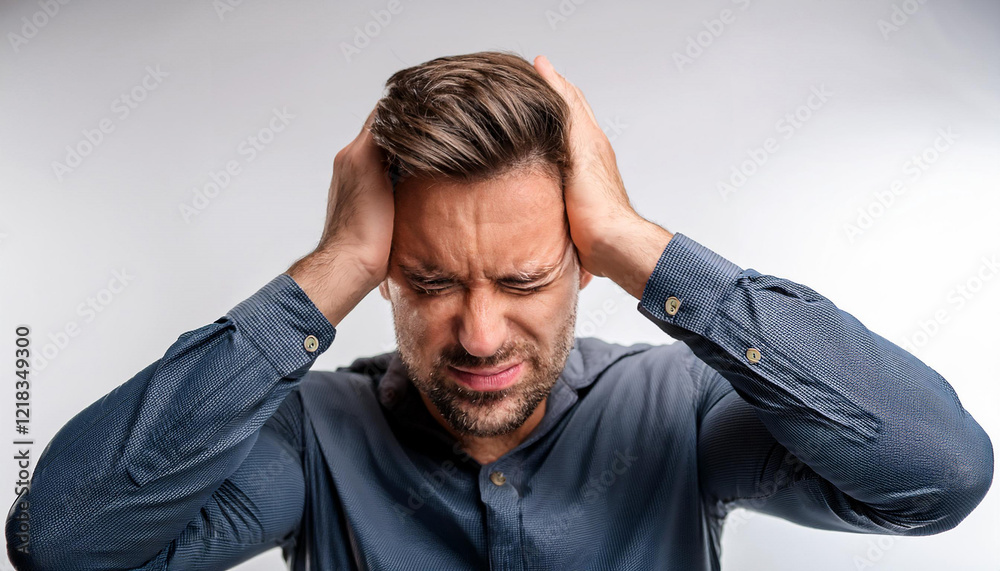 Man Holding Head in Pain with a Distressed Expression Man Holding Head in Pain with a Distressed Expression