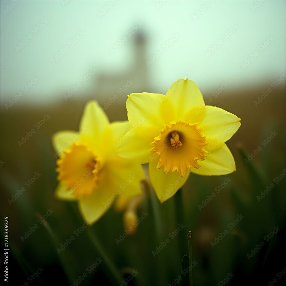 The image displays two vibrant yellow daffodils in full bloom, with their centers visible, set against a blurred backdrop of a grassy area and a building. The image displays two vibrant yellow daffodils in full bloom, with their centers visible, set against a blurred backdrop of a grassy area and a building.
